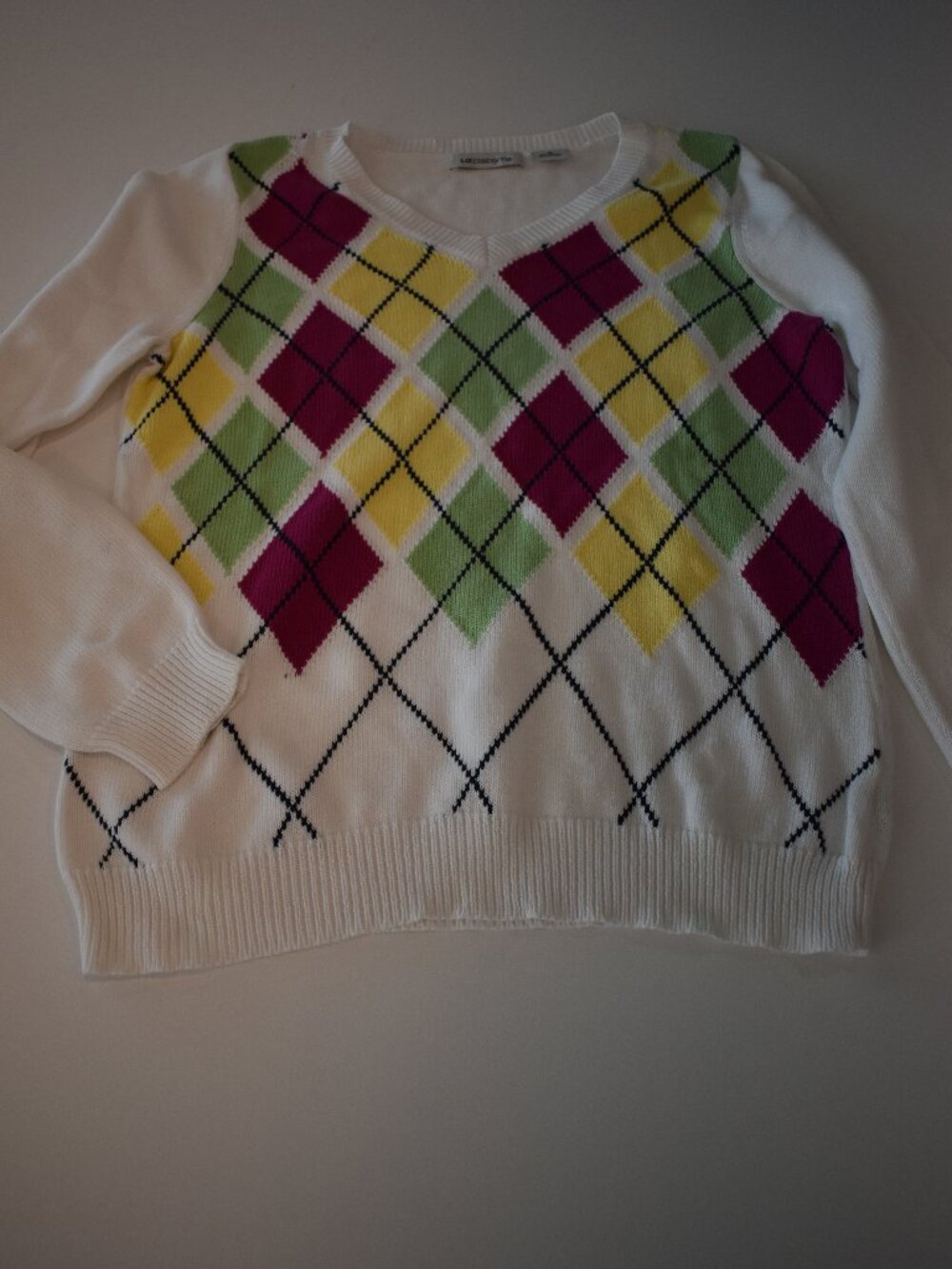 Liz Claiborne Women M 100% Cotton Argyle Sweater Pink Green Yellow Preppy Y2K